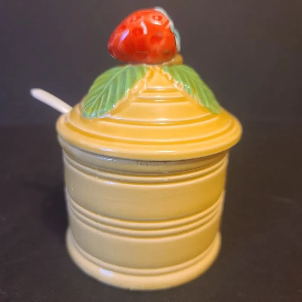 Beehive Ceramic Jam Jar Strawberry Lid Vintage Yellow 9-1142 Giftcraft‎ Japan